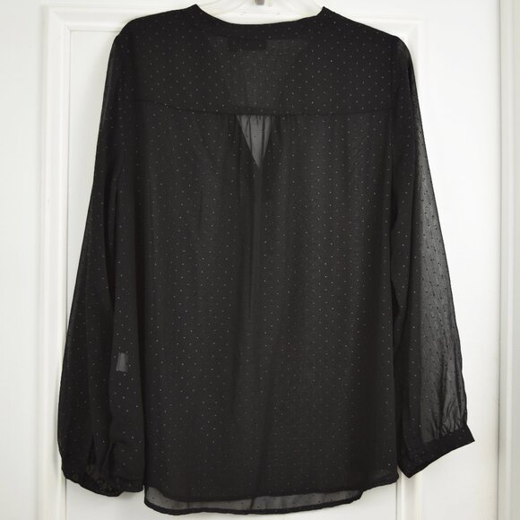 ANA Black Sheer Pullover Blouse Woman 1X Polka Dot Split Neck Monochrome Minimal - Picture 2 of 9